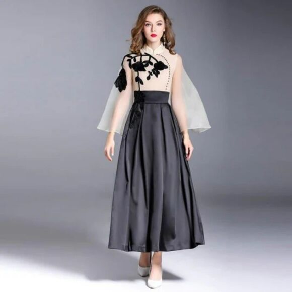 Vintage Organza Embroidery Turtleneck Beading Flare Long Sleeve Maxi Dress - Picture 2 of 11